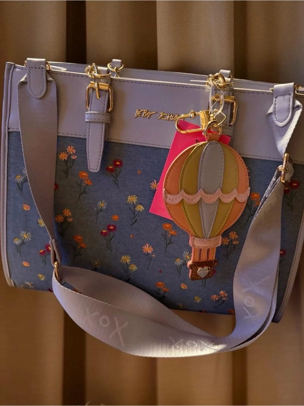 Betsey Johnson Denim Floral Satchel with Pastel Hot Air Balloon Charm NWT